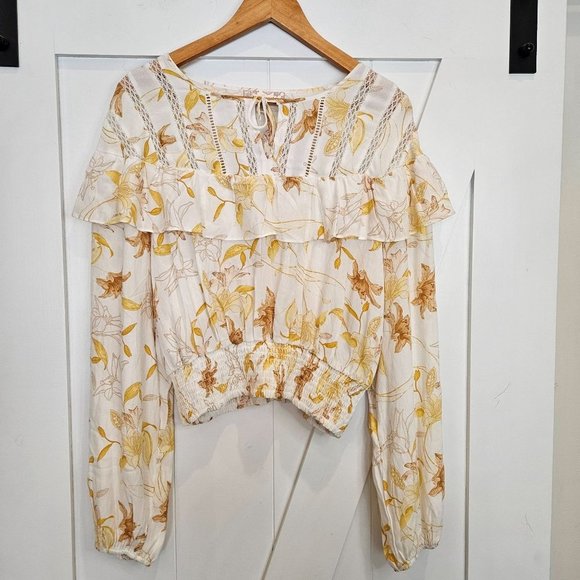 Band of Gypsies Tops - BAND Of Gypsies Size Large Yellow Floral Boho Long Sleeve Lace Tie Neck NEW